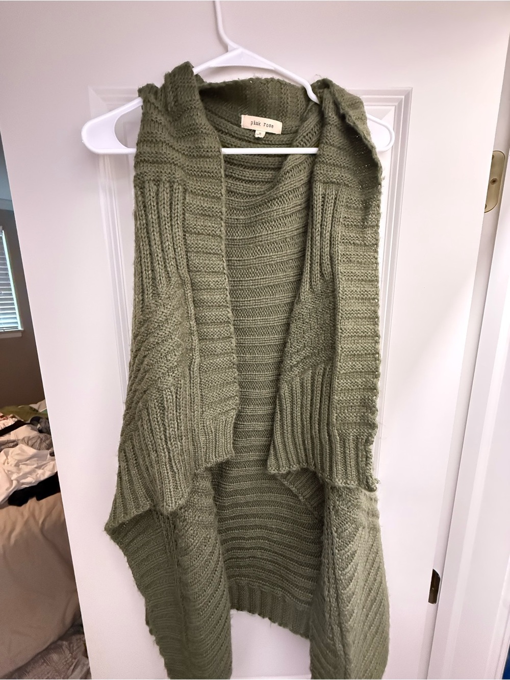 Pink Rose Olive Green Hooded Open-Front Knit Cardigan